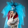 Incredibly fashion girl with red hair in crown and veil Royalty Free Stock Photo