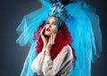 Incredibly fashion girl with red hair in crown and veil Royalty Free Stock Photo