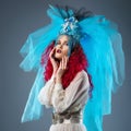 Incredibly fashion girl with red hair in crown and veil Royalty Free Stock Photo