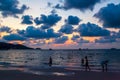 Incredibly picturesque landscape with a view of the waves in the ocean and the bronze sun at the golden hour at sunset in thailand