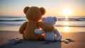 Two Teddy Bears Watching Sunset on the Beach Royalty Free Stock Photo