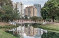 Small orange bridge in the Ecological Park, in Indaiatuba, Brazil