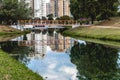 Small orange bridge in the Ecological Park, in Indaiatuba, Brazil