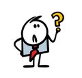 Indecisive businessman holds a question mark in his hand. Vector illustration of a puzzled stickman.