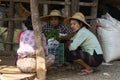 Indein, Myanmar - March 2019: Burmese women having a chat at the street market on Inle lake Royalty Free Stock Photo