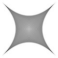 Indented, curved mesh / grid / array of thin lines. Oblate, squeezed, distressed geometric element. Compressed shape