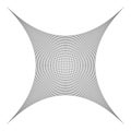 Indented, curved mesh / grid / array of thin lines. Oblate, squeezed, distressed geometric element. Compressed shape
