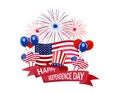 Independence Day of America. Congratulatory inscription with a wish of happiness. Flag, salute, balloons, hat