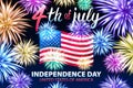 Independence day background with American flag and fireworks on dark sky. 4th of july, illustration. vector Royalty Free Stock Photo