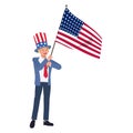 Independence day concept. A man in suit with american flag and hat is celebrating Fourth of July. Flat vector cartoon illustration