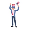 Independence day concept. A man in suit with american flag and hat is celebrating Fourth of July. Flat vector cartoon illustration