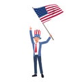 Independence day concept. A man in suit with american flag and hat is celebrating Fourth of July. Flat vector cartoon illustration