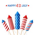 Independence day greeting card with firework rockets on white background Royalty Free Stock Photo
