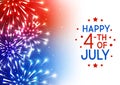 Independence day greeting card with shiny fireworks on blue and red background