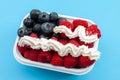 Independence day, happy fourth of july and sweet dessert concept with close up on the american flag made of raspberries, Royalty Free Stock Photo