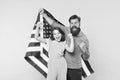 Independence day holiday. Independence is happiness. Father bearded hipster and cute little daughter with USA flag. How Royalty Free Stock Photo