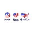 Independence day iinspirational quote Peace, love, America with sign, shape heart, country. American flag. vector Royalty Free Stock Photo