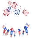 July Fourth banner with fireworks and salutes on white background. Festive independence day illustration ,white, red and blue Royalty Free Stock Photo