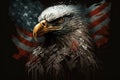 Independence day or memorial day concept. Portrait of proud eagle on background of American flag, star-striped symbol of USA.