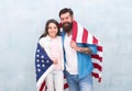 Independence day public holiday. How do americans celebrate independence day. Father and daughter with USA flag Royalty Free Stock Photo