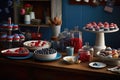 Independence Day themed dessert table, featuring an array of red, white, and blue treats, such as flag-shaped cookies, patriotic