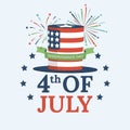 Independence Day of United States of America celebrating poster design with USA flag, fireworks, stars and hat. Royalty Free Stock Photo