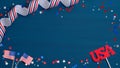 Independence day USA banner mockup with American flags, grosgrain ribbon, sign USA and confetti stars. 4th of July celebration Royalty Free Stock Photo