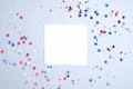 Independence day USA banner mockup with confetti stars in American national colors and blank paper card. USA Presidents Day, Royalty Free Stock Photo