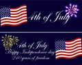 Independence day of the USA greeting cards with national flag and firework.