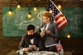 Independence day of usa. Income planning of budget increase policy. bearded man and woman with dollar money. American Royalty Free Stock Photo