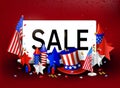 Independence Day of the USA. 4th of July sale banner with holiday symbols on red background. Vector template for poster Royalty Free Stock Photo