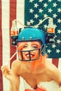 Independence day woman with flag and drink helmet