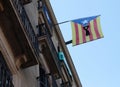 Independence flag with black ribbon in central barcelona