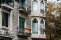 Independence flags hanging from balconies on a building in Barcelona, Catalonia, Spain