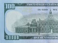 Independence Hall on 100 dollars banknote back side closeup macro fragment. United states hundred dollars money bill