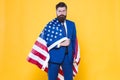 Independence means decide according to law and facts. Businessman bearded man in formal suit hold flag USA. Business