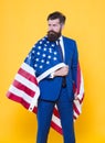 Independence means decide according to law and facts. Businessman bearded man in formal suit hold flag USA. Businessman