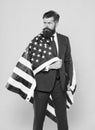 Independence means decide according to law and facts. Businessman bearded man in formal suit hold flag USA. Businessman