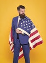 Independence means decide according to law and facts. Businessman bearded man in formal suit hold flag USA. Businessman