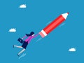 Independent business ideas. Businesswoman clinging to a flying pencil