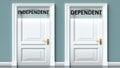 Independent and dependent as a choice - pictured as words Independent, dependent on doors to show that Independent and dependent