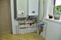 Independent heating system in boiler room at home. Domestic water supply system. Water supply for underfloor heating. Rainwater Royalty Free Stock Photo