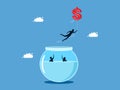 Independent life with money. man floats with money balloons out of fishbowl