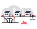 Independent living of senior people in a community concept vector illustration. Exterior of three houses and outdoor activities of Royalty Free Stock Photo