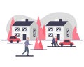 Independent living of senior people concept vector illustration. Exterior of two houses and cars and outdoor activities of elderly