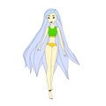 Independent young girl with blue hair in a swimsuit, character,