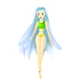 Independent young girl with blue hair in a swimsuit, character,