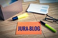 Index cards with legal issues with glasses, pen and bamboo with the german word Jura-Blog in english Law-Blog Royalty Free Stock Photo