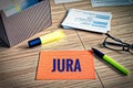 Index cards with legal issues with glasses, pen and bamboo and the german word Jura in english law Royalty Free Stock Photo