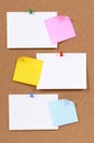 Blank white office index cards with post it style sticky notes on cork board, copy space Royalty Free Stock Photo